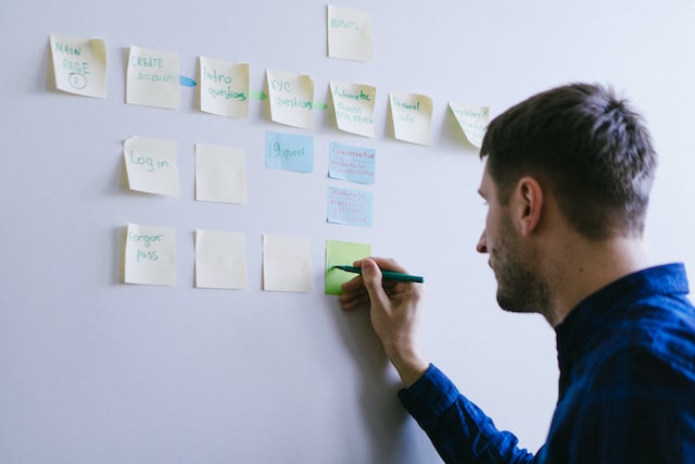 person making notes on the wall